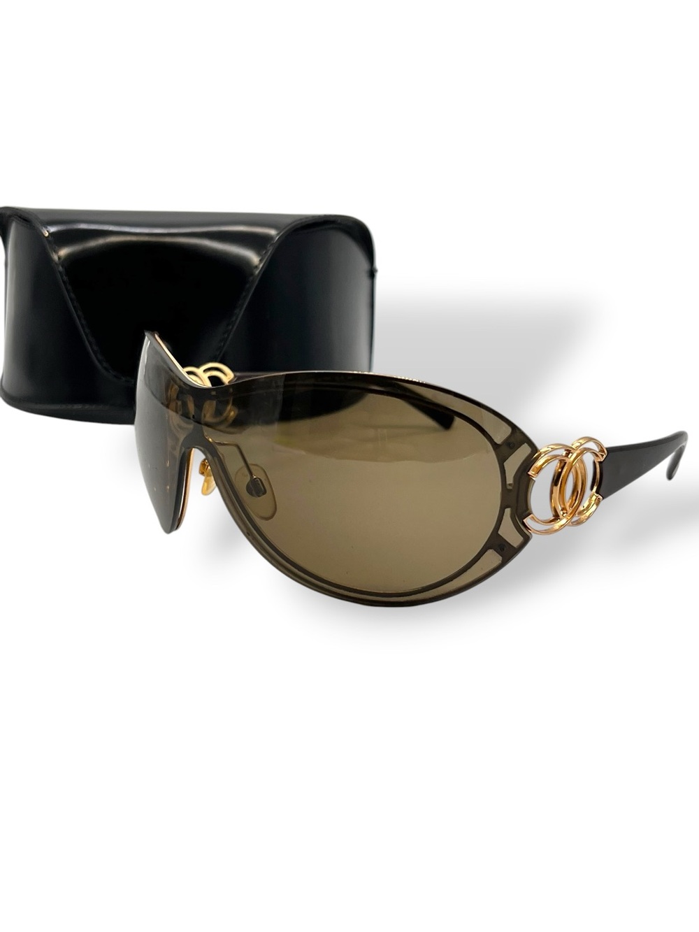 Auth CHANEL Brown oversized Shield Sunglasses 4144 cut out detauk  Gold CC case